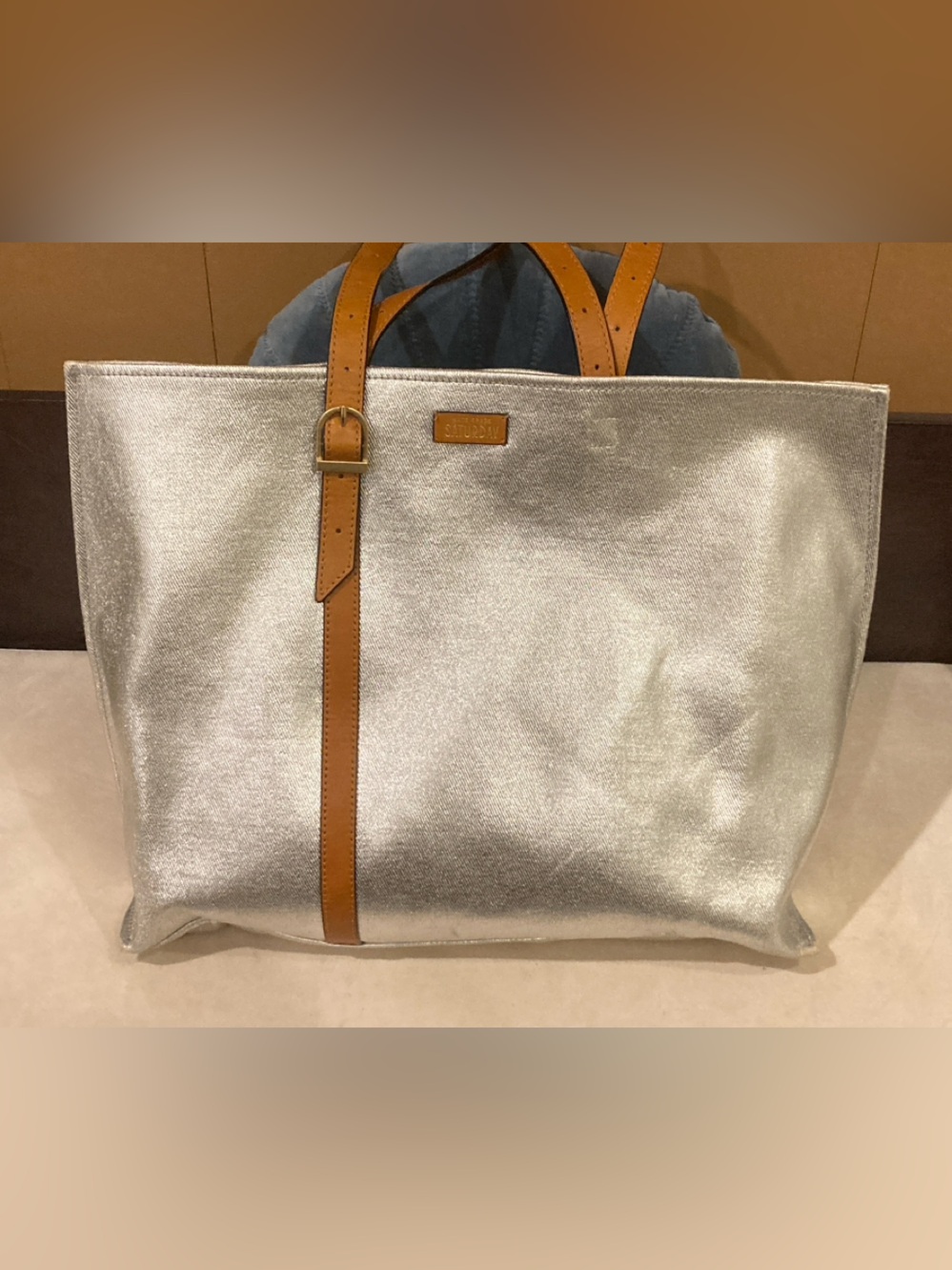Kate Spade Saturday Metallic Silver Tote Bag with Tan Trim